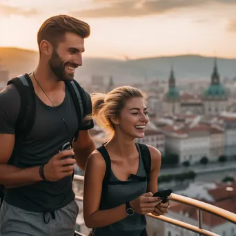 Young couple exploring city using smart fitness trackers - Image 3