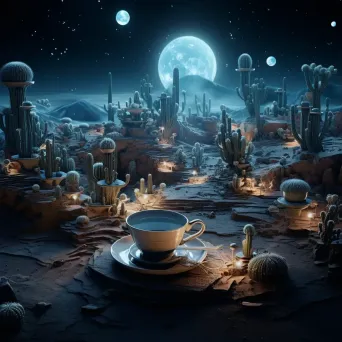 Surreal desert landscape with mist and floating teacups under starry sky - Image 1