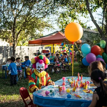 A colorful backyard birthday party with a clown entertaining children. - Image 1