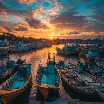 Vivid sunset at a fishing dock with colorful boats and fishermen working. - Image 1