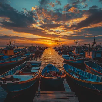 Vivid sunset at a fishing dock with colorful boats and fishermen working. - Image 2