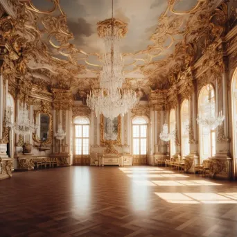 Luxurious Baroque palace interior with ornate chandeliers in golden light - Image 1