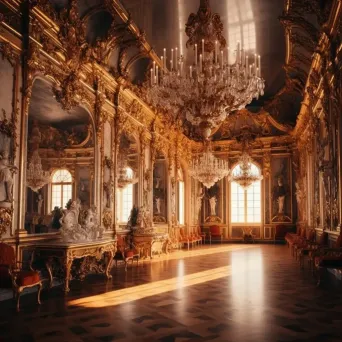 Luxurious Baroque palace interior with ornate chandeliers in golden light - Image 2