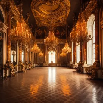 Luxurious Baroque palace interior with ornate chandeliers in golden light - Image 4