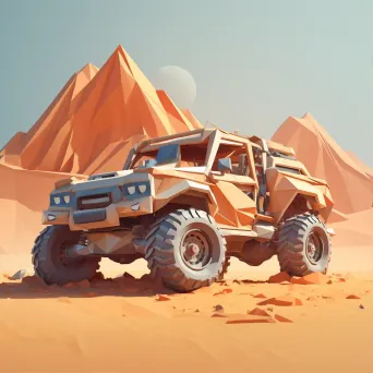 Off-road vehicle trekking through desert in low poly style with trailing dust - Image 1