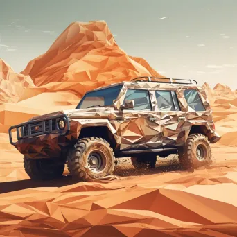 Off-road vehicle trekking through desert in low poly style with trailing dust - Image 2