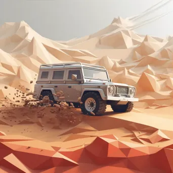 Off-road vehicle trekking through desert in low poly style with trailing dust - Image 3