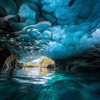 View of a glacier cave with rippled ice and turquoise reflections - Image 1