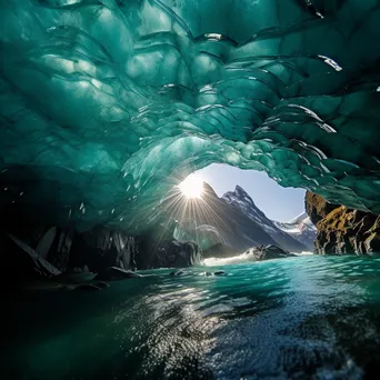 View of a glacier cave with rippled ice and turquoise reflections - Image 2