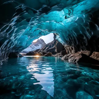 View of a glacier cave with rippled ice and turquoise reflections - Image 3