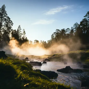 Serene geothermal spring with steam and greenery during sunset. - Image 1