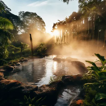 Serene geothermal spring with steam and greenery during sunset. - Image 2