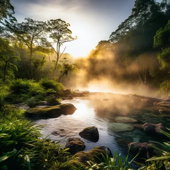 Serene geothermal spring with steam and greenery during sunset. - Image 3