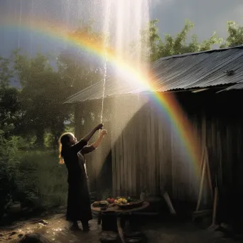 Woman gathering rainwater with a rainbow in the background - Image 3