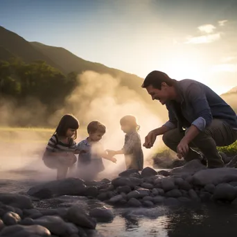 Family having fun at a geothermal hot spring with steam rising. - Image 1