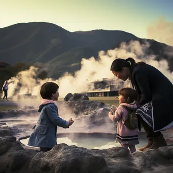 Family having fun at a geothermal hot spring with steam rising. - Image 3