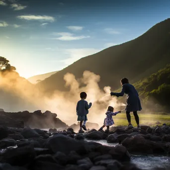 Family having fun at a geothermal hot spring with steam rising. - Image 4