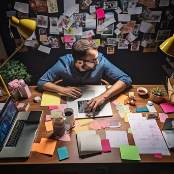 A professional multitasking at a desk with a laptop, coffee cup, and sticky notes. - Image 3