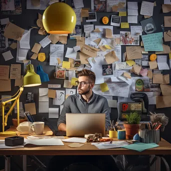 A professional multitasking at a desk with a laptop, coffee cup, and sticky notes. - Image 4