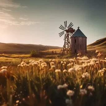 Rustic old windmill in a countryside field, with golden sunlight and rolling hills - Image 1