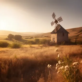 Rustic old windmill in a countryside field, with golden sunlight and rolling hills - Image 3