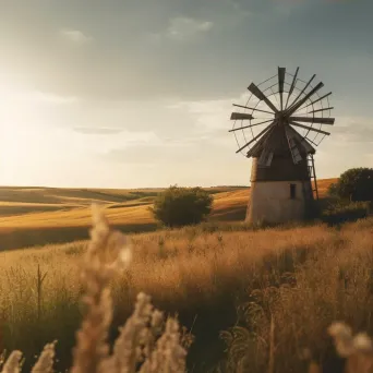 Rustic old windmill in a countryside field, with golden sunlight and rolling hills - Image 4