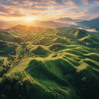 Panoramic view of tea plantations during sunset - Image 1