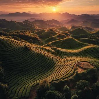 Panoramic view of tea plantations during sunset - Image 2