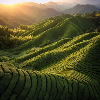 Panoramic view of tea plantations during sunset - Image 4