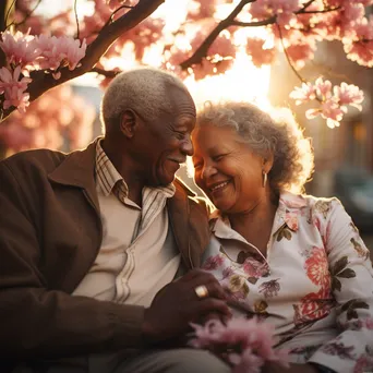 Elderly couple sitting under a flowering tree - Image 1