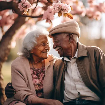 Elderly couple sitting under a flowering tree - Image 4