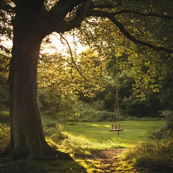 Woodland clearing with a swing illuminated by golden hour sunlight. - Image 3