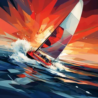 Racing yacht cutting through waves in angular low poly style - Image 1