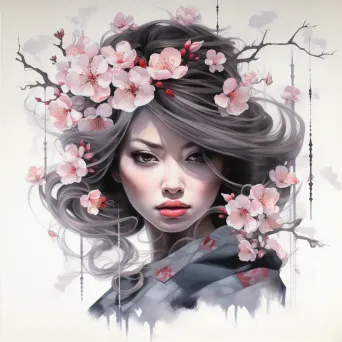 An enigmatic geisha adorned with cherry blossom tattoos in the traditional watercolor Japanese print style - Image 2