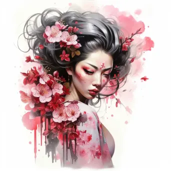 An enigmatic geisha adorned with cherry blossom tattoos in the traditional watercolor Japanese print style - Image 3