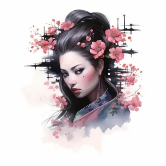 An enigmatic geisha adorned with cherry blossom tattoos in the traditional watercolor Japanese print style - Image 4