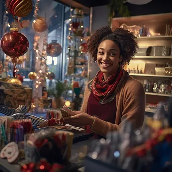 A cashier serving customers during the holiday shopping rush. - Image 1