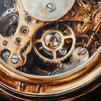 Close-up oil painting of a mechanical pocket watch and its working gears, reflecting Rembrandt