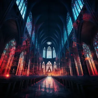 An artwork depicting a gothic cathedral in a cybernetic form with stained glass filtering binary code prayers - Image 3