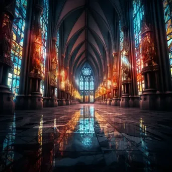 An artwork depicting a gothic cathedral in a cybernetic form with stained glass filtering binary code prayers - Image 4