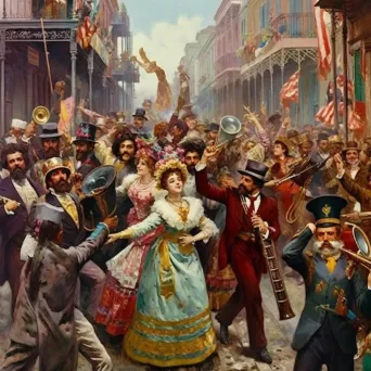 Image of a Mardi Gras parade with musicians, dancers, and colorful floats - Image 3