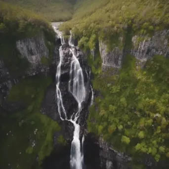 Aerial View of Majestic Waterfall and Greenery