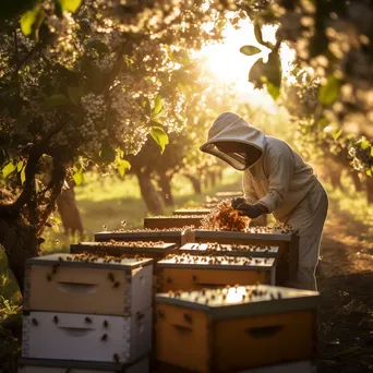 Beekeeper tending traditional hives in a vibrant orchard with dappled sunlight. - Image 1