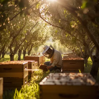 Beekeeper tending traditional hives in a vibrant orchard with dappled sunlight. - Image 3