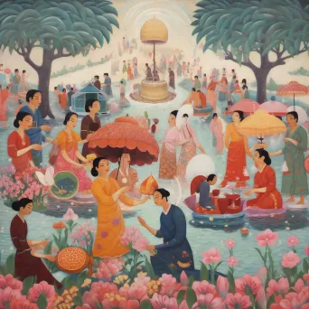 Image of a traditional water festival with people splashing water and Buddha statues - Image 1