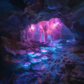 Cave with glowing fungi and mist - Image 1