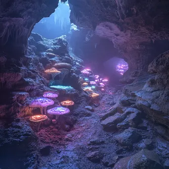 Cave with glowing fungi and mist - Image 3