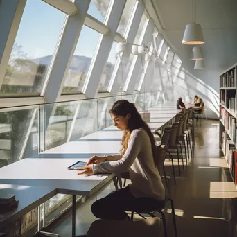 A student studying at a table in a modern library filled with books. - Image 2