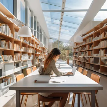 A student studying at a table in a modern library filled with books. - Image 3