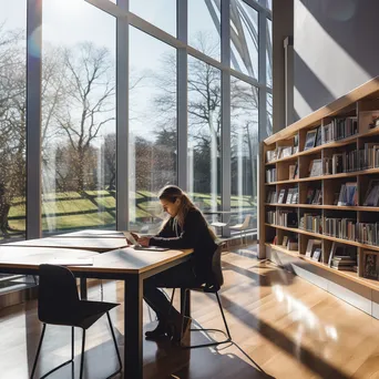 A student studying at a table in a modern library filled with books. - Image 4